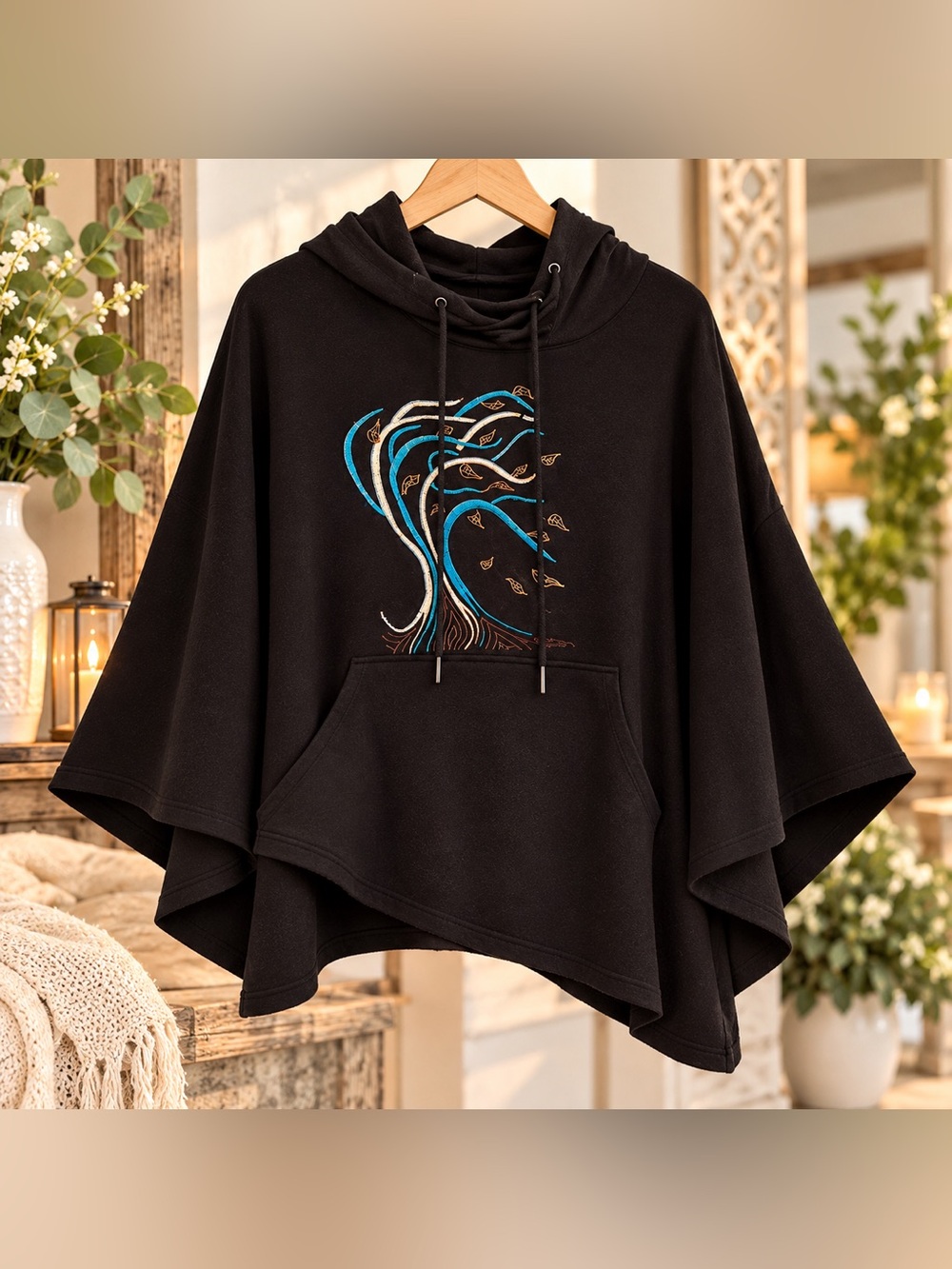 Black Hooded Poncho with Embroidered Blue Tree Design